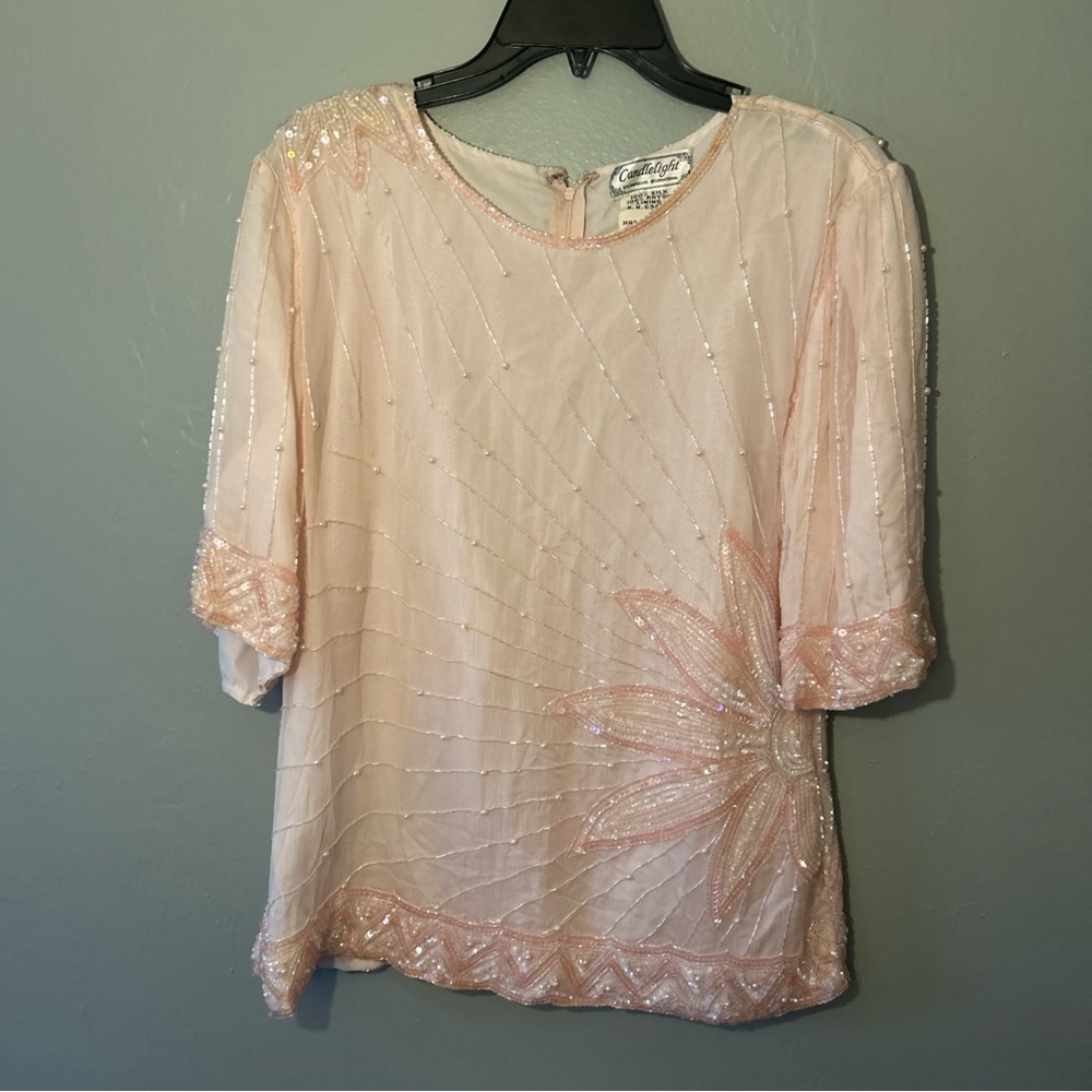 Vtg Candlelight Jainsons International Silk Beaded Top Pink Sequin YYK Y2K Large